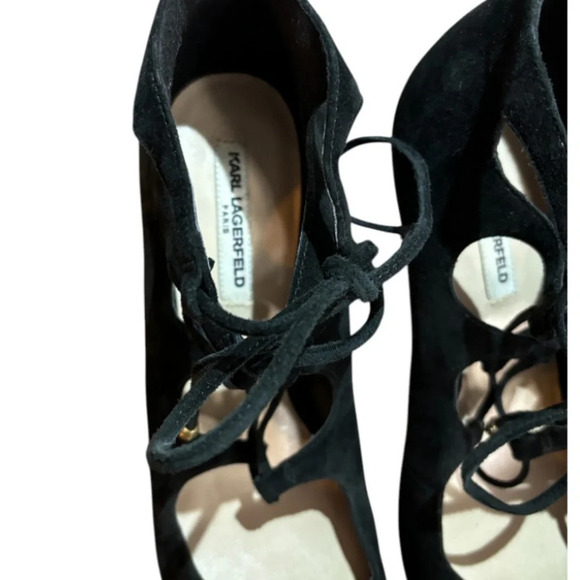 Karl Lagerfeld  Black Suede Pointed Toe Lace Up Pumps Womens Heel Whimsygoth 8.5 - Picture 4 of 6